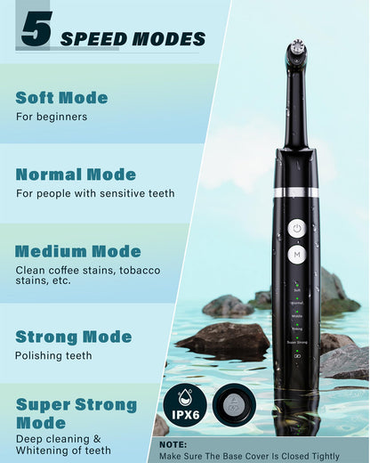 Tooth Polisher Rechargeable Whitening Kit - 3 Pastes, 5 Heads, LED Light (Black)