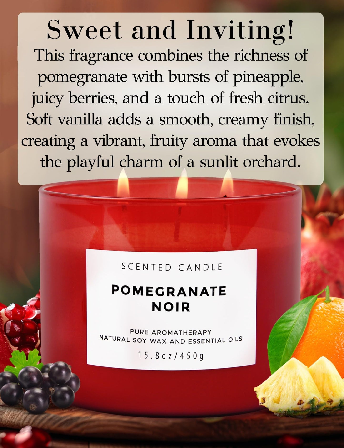 Pomegranate Noir Vanilla 3-Wick Soy Candle – 15.8 oz, Aromatherapy