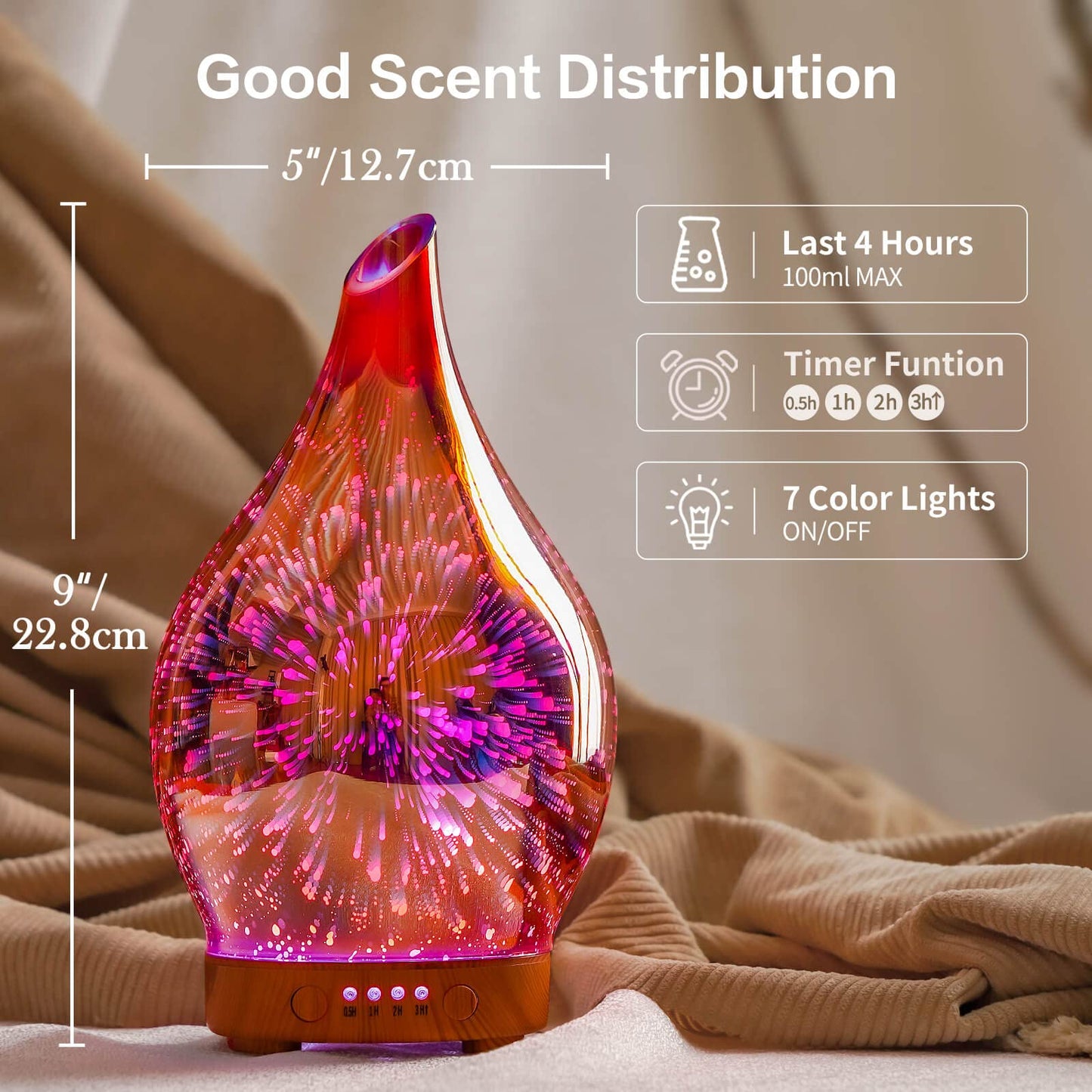 Porseme 100ml 3D Firework Glass Diffuser – Rose Gold, Auto Shut-Off