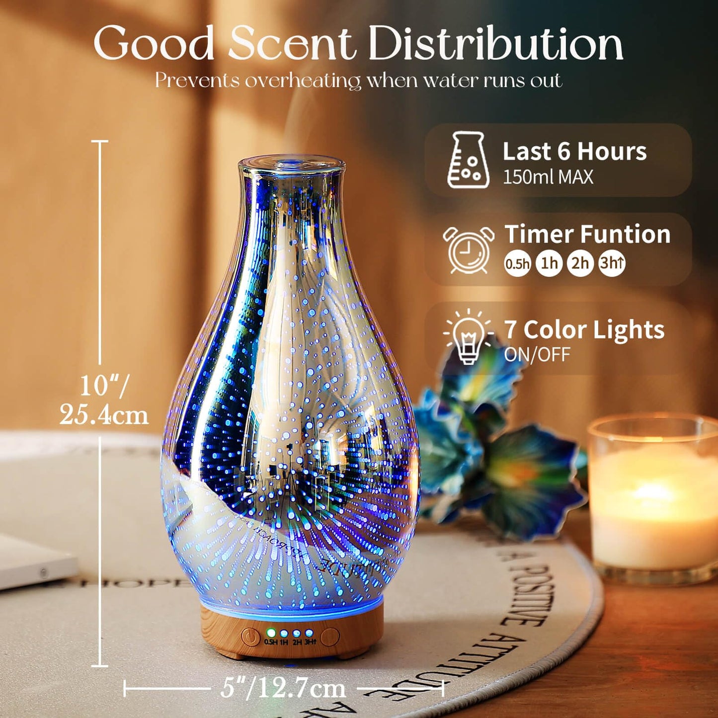 Porseme 100ml Essential Oil Diffuser – 3D Glass Ultrasonic Humidifier with Auto Shut-Off (BPA Free)