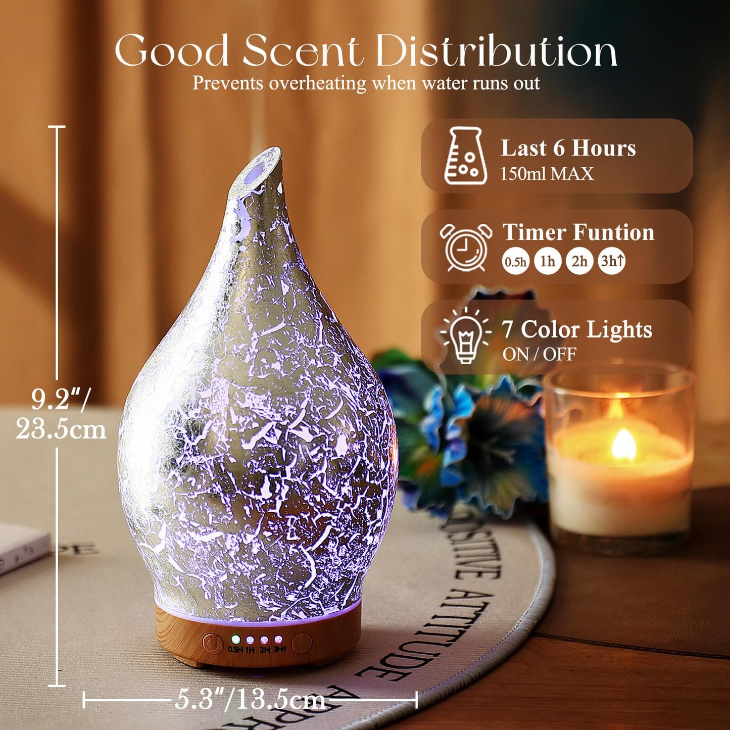 Porseme 150ml Glass Essential Oil Diffuser | Ultrasonic Humidifier, Auto Shut-Off