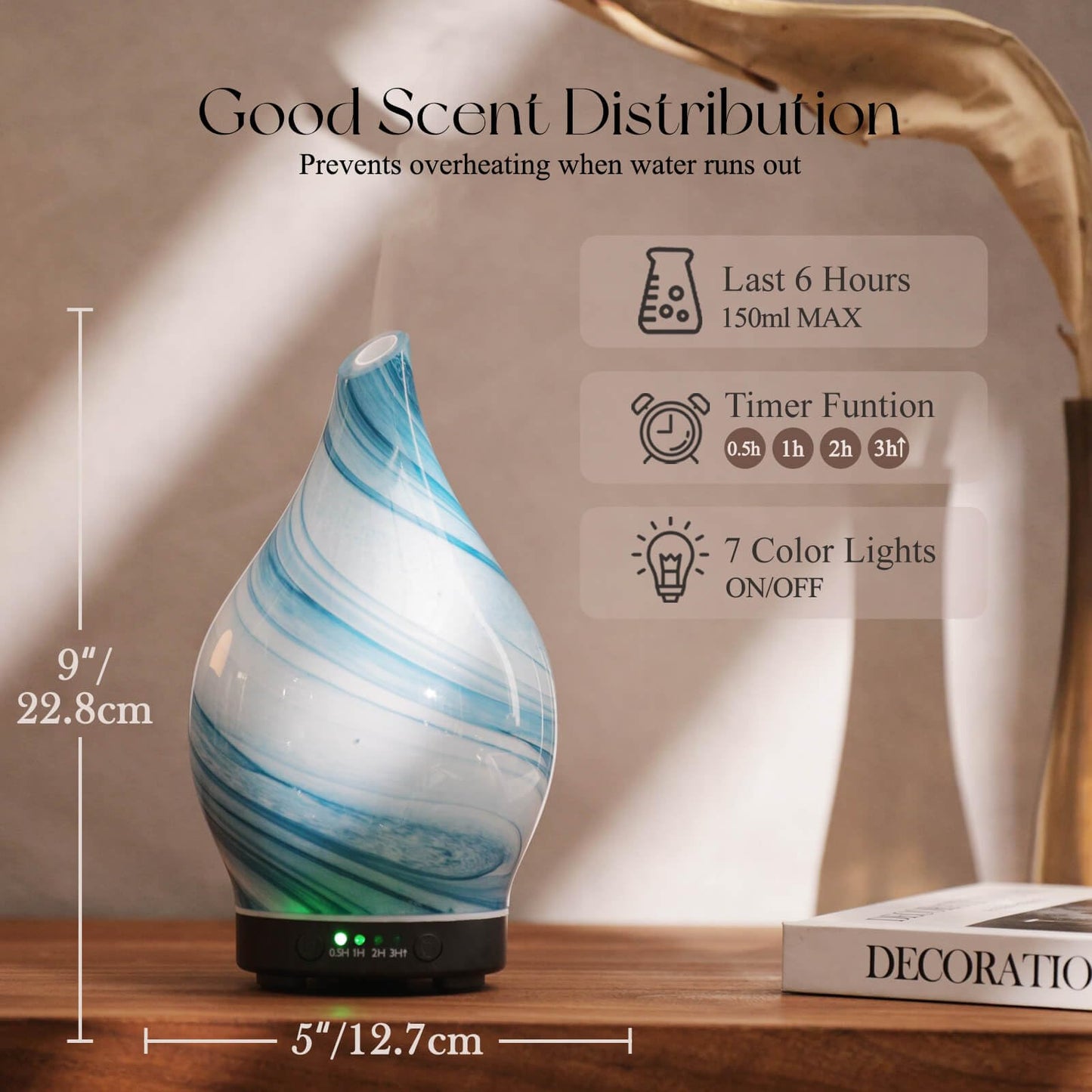 Porseme 150ml Glass Essential Oil Diffuser – Color-Changing Ultrasonic Humidifier (Blue Ink)