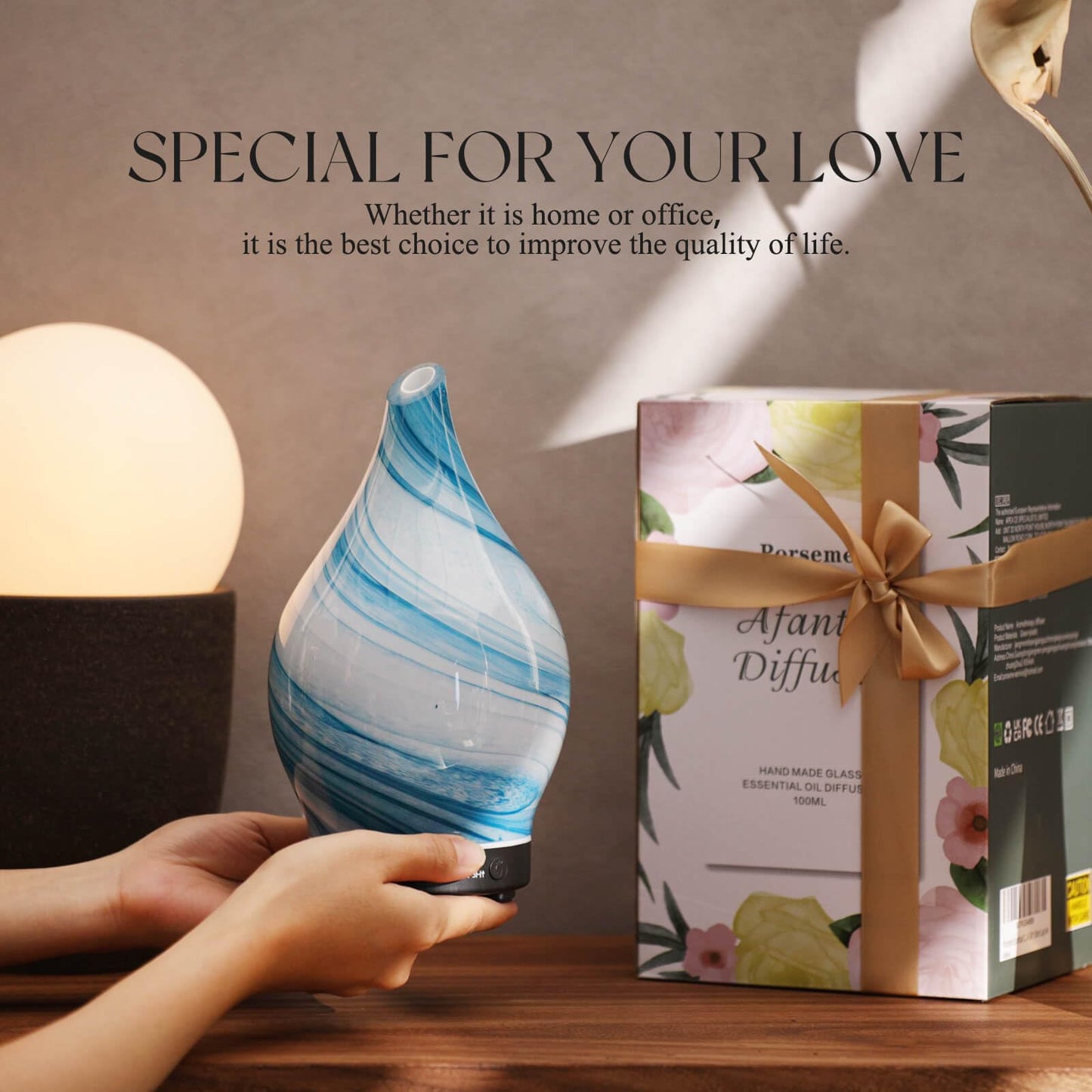 Porseme 150ml Glass Essential Oil Diffuser – Color-Changing Ultrasonic Humidifier (Blue Ink)