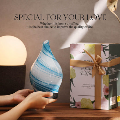 Porseme 150ml Glass Essential Oil Diffuser – Color-Changing Ultrasonic Humidifier (Blue Ink)