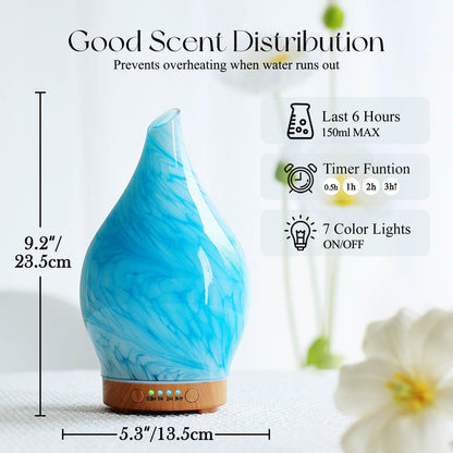 Porseme 150ml Glass Diffuser – Color Changing LED, Auto-Off (Blue Wave)