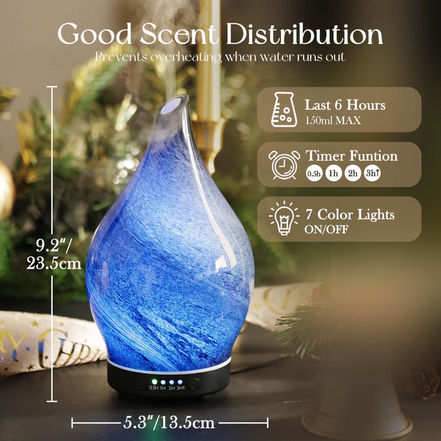 Porseme 150ml Glass Essential Oil Diffuser – Obsidian, Color Changing LED, 6h Ultrasonic