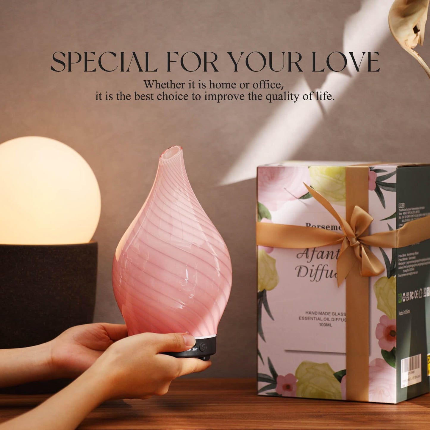 Porseme 150ml Glass Diffuser – Color Changing Ultrasonic Humidifier (Pure Pink)
