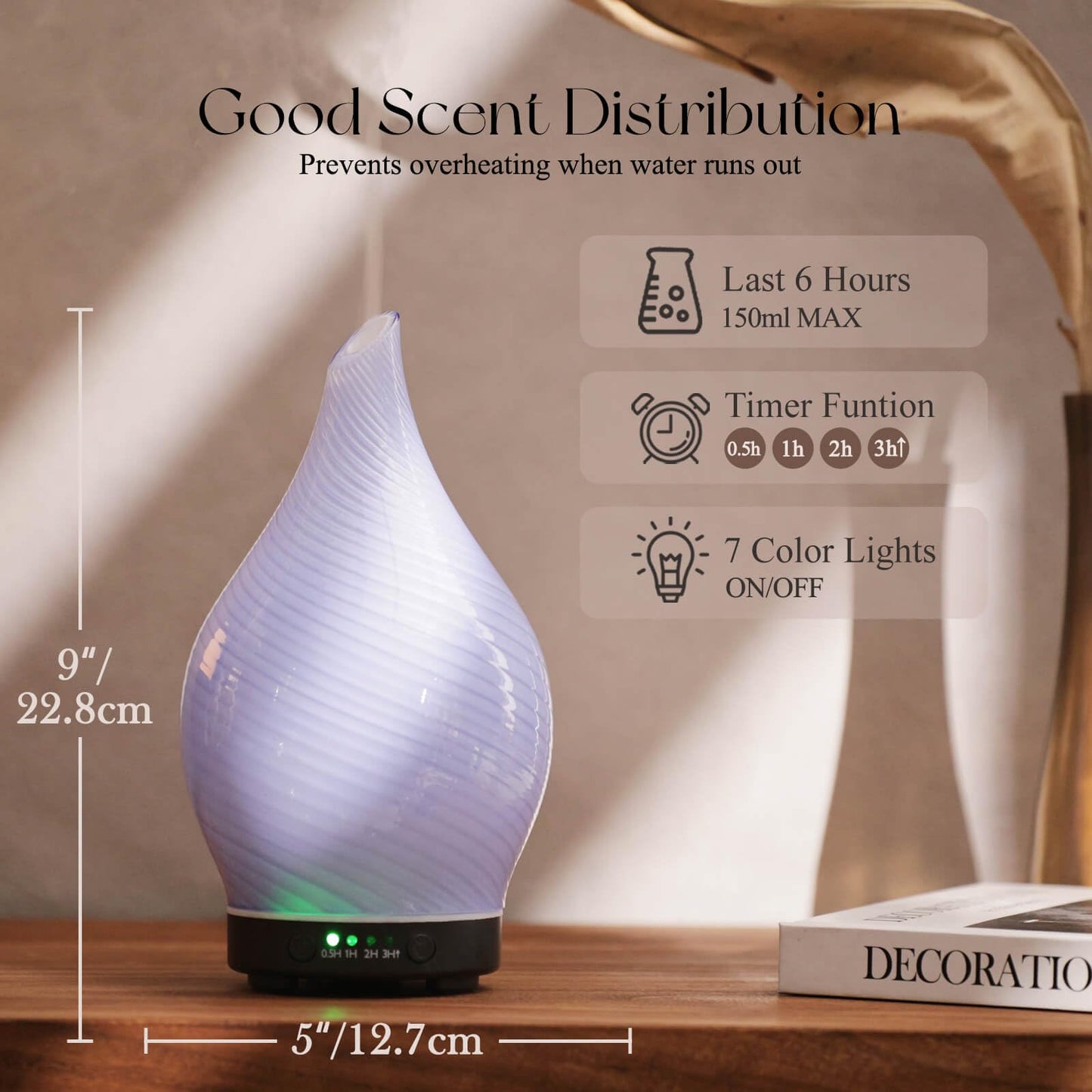 Porseme 150ml Glass Color-Changing Essential Oil Diffuser – Ultrasonic Humidifier, 6h Auto-Off (Pure Purple)