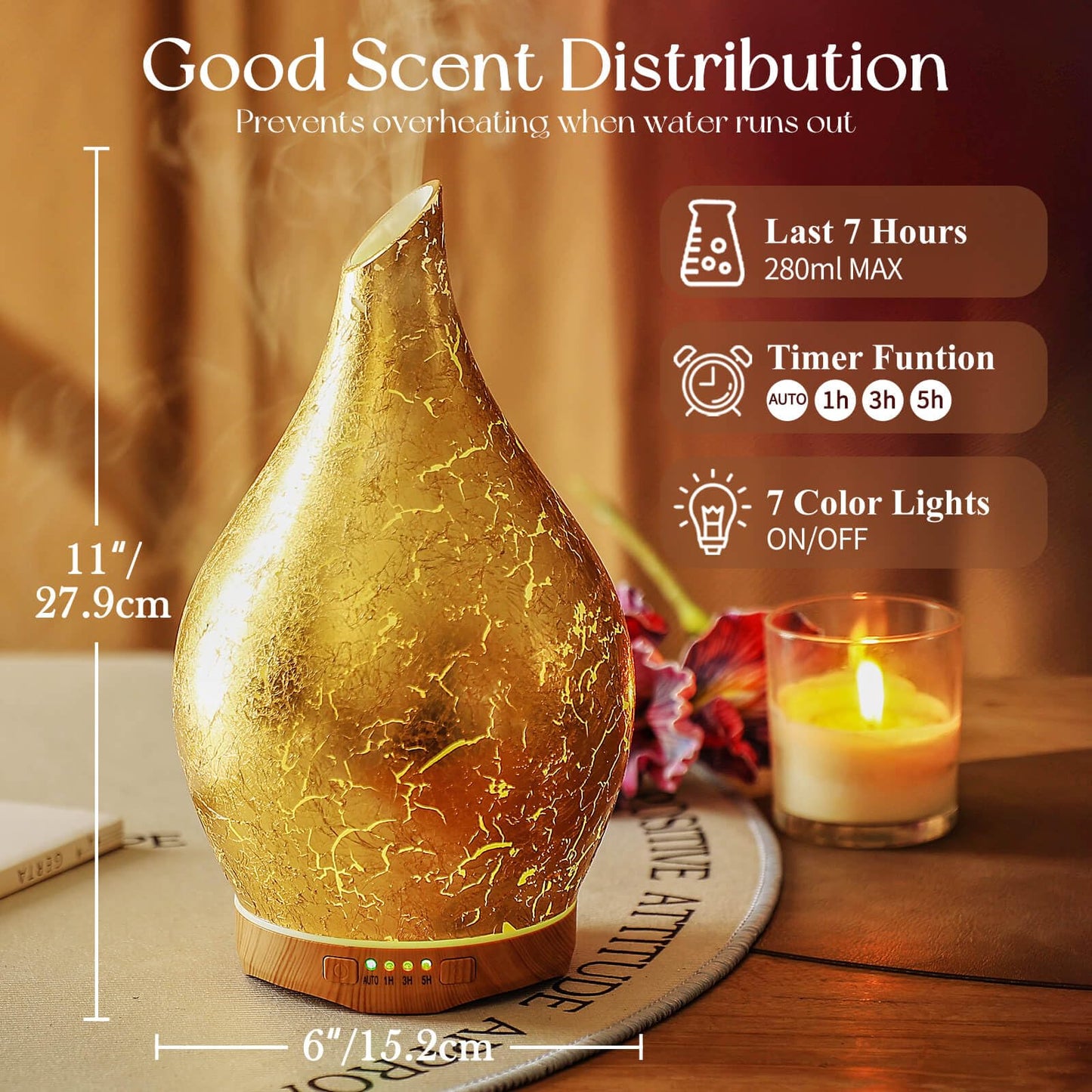 Porseme 280ml Essential Oil Diffuser – 3D Glass Aromatherapy Diffusor, Ultrasonic Mist, BPA Free, Auto Shut-Off, Color Changing LED