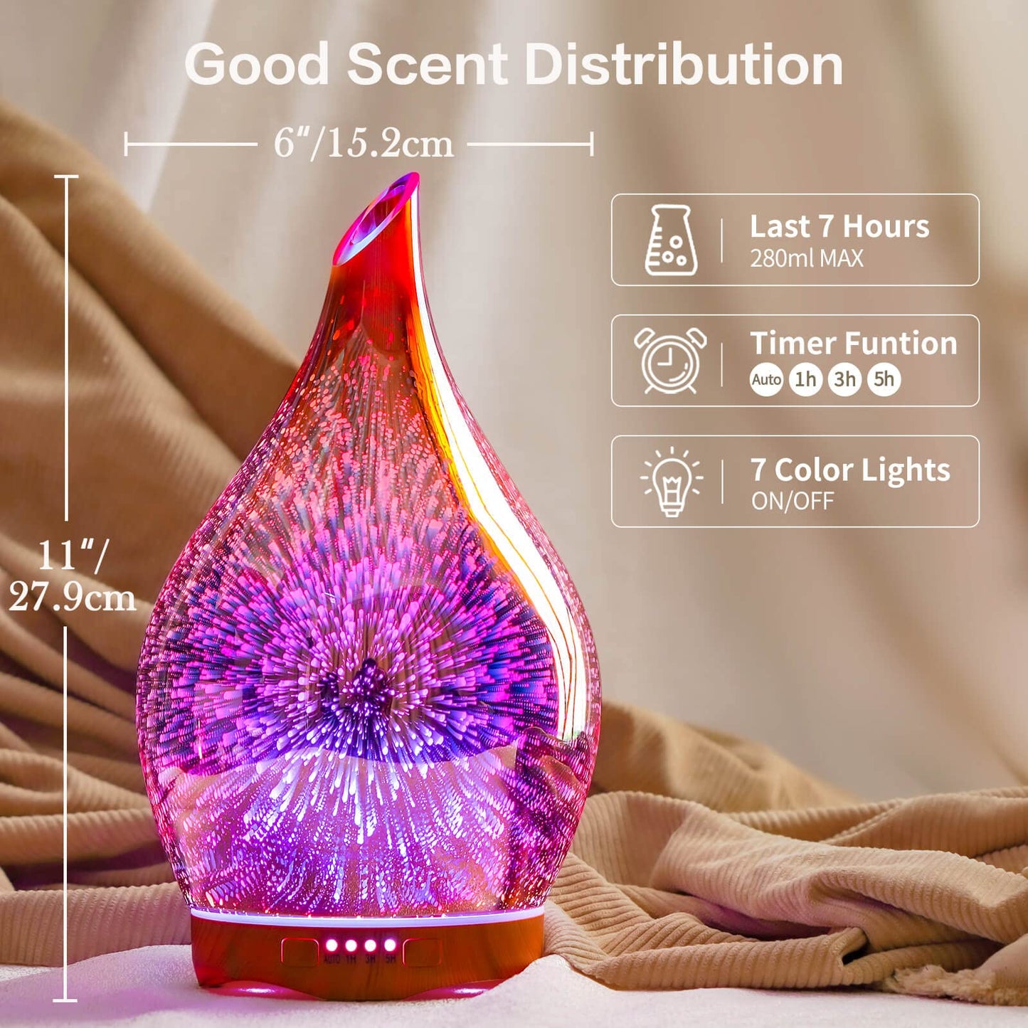 Porseme 280ml Essential Oil Diffuser – 3D Hand-Blown Glass, Ultrasonic Cool Mist, 7-Color LED, Auto Shut-Off