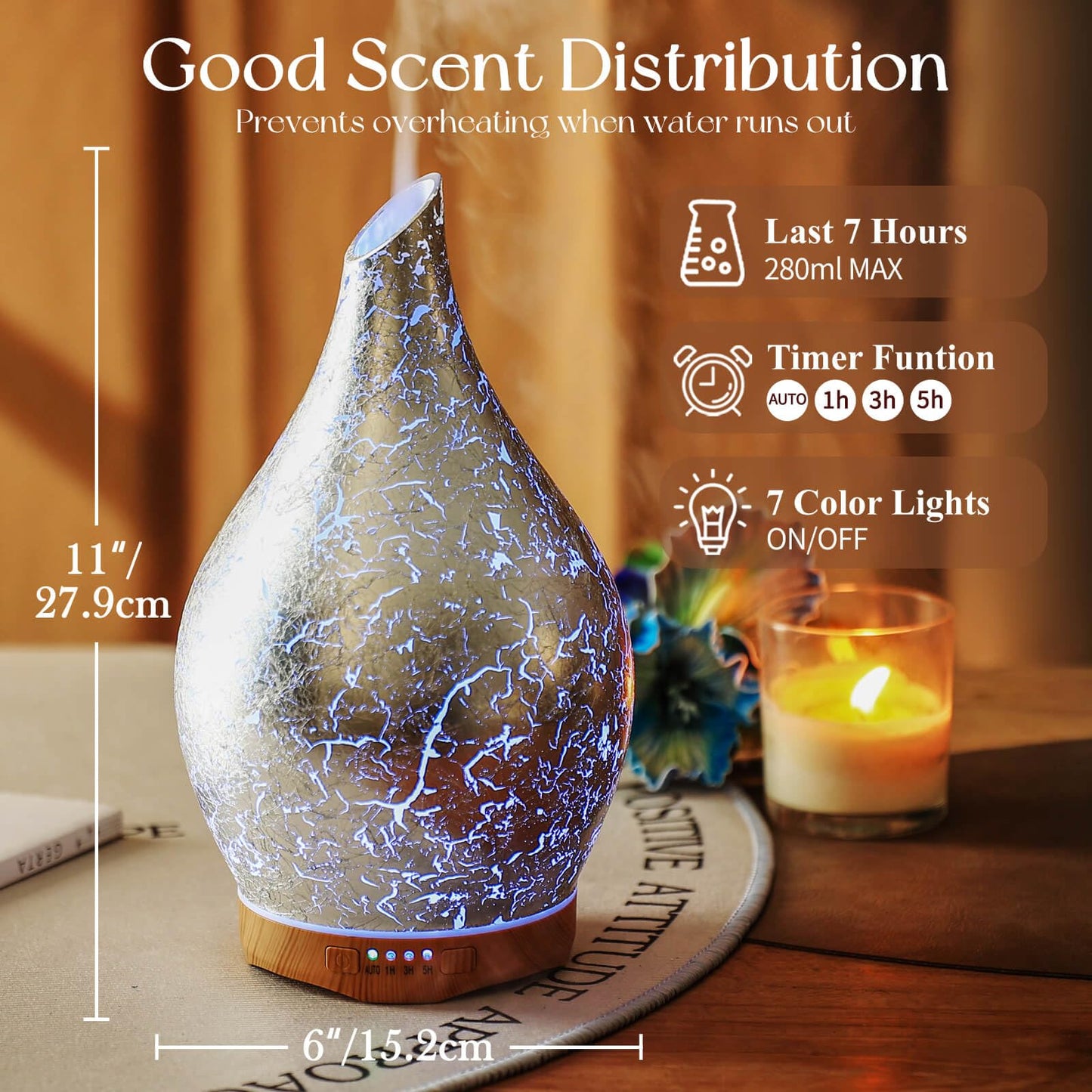 Porseme 280ml Essential Oil Diffuser – 3D Glass Aromatherapy, Ultrasonic Mist, BPA Free, Waterless Auto-Off