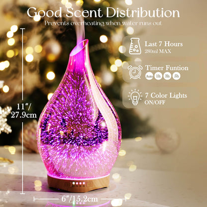 Porseme 280ml Essential Oil Diffuser | 3D Glass Aromatherapy Diffuser with Timer & Color Changing Lights