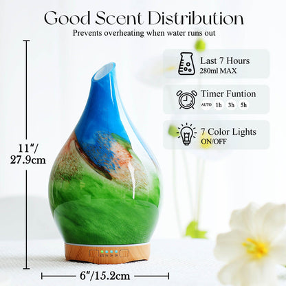 Porseme 280ml Glass Essential Oil Diffuser – Color-Changing LED, Auto-Off, 7h Run Time (Blue Grass)