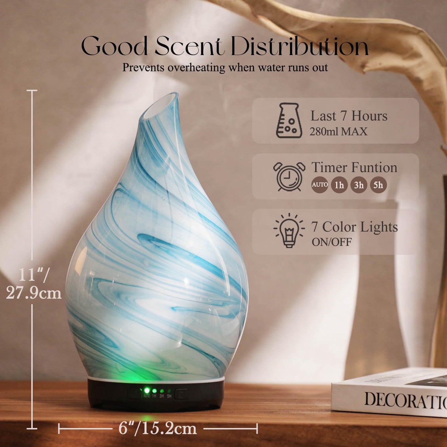Porseme 280ml Essential Oil Diffuser – Blue Ink | Glass, Auto-Off, 7h Run Time