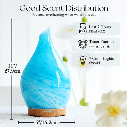 Porseme 280ml Glass Diffuser – Blue Wave, Color Changing LED, 7h Run Time