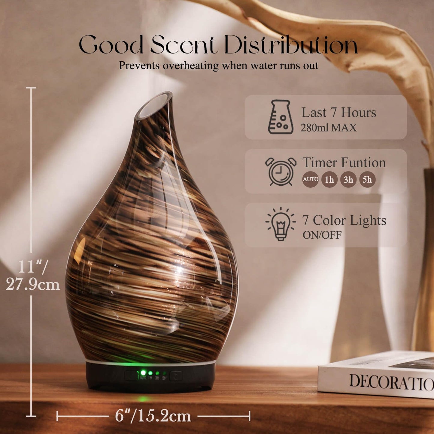 Porseme 280ml Glass Diffuser - Dark Golden, Color-Changing, 7h Auto-Off