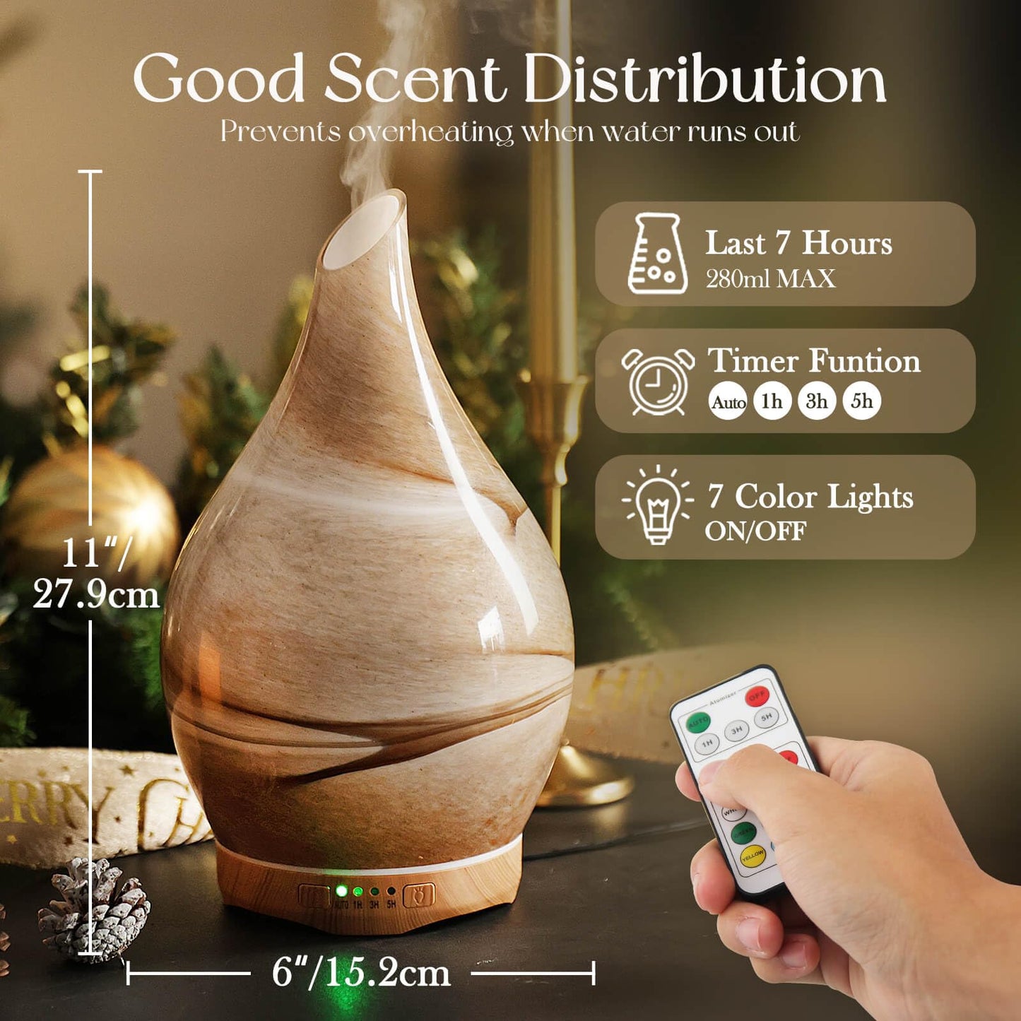 Porseme 280ml Glass Color Changing Essential Oil Diffuser with Remote - Ultrasonic Humidifier (Desert), 7 Hours Run Time