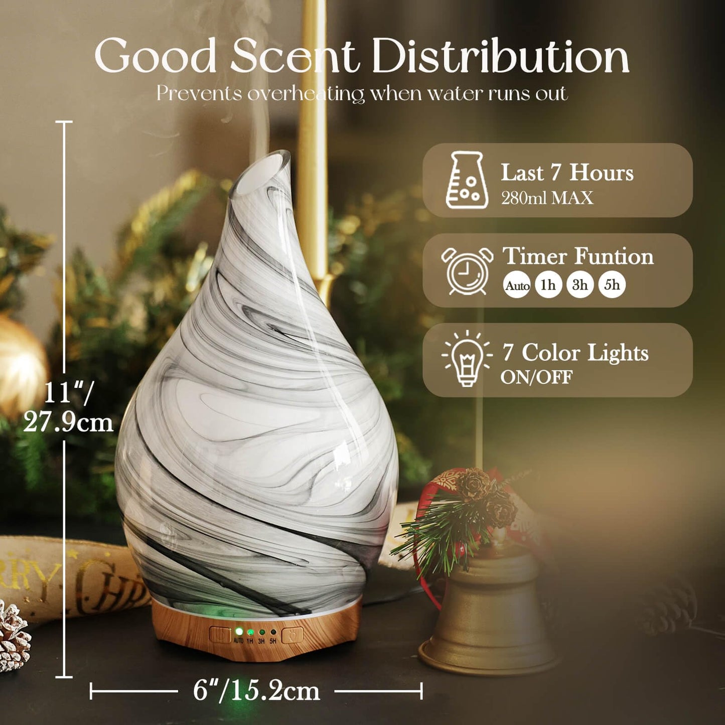 Porseme 280ml Glass Essential Oil Diffuser – Color-Changing LED, Auto-Off, 7h Runtime