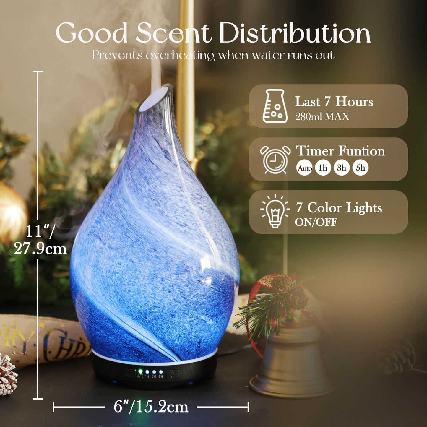 Porseme 280ml Glass Essential Oil Diffuser – Obsidian | Color Changing LED, Auto-Off