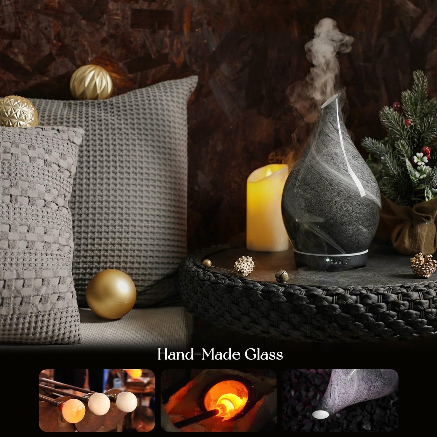 Porseme 280ml Glass Essential Oil Diffuser – Obsidian | Color Changing LED, Auto-Off