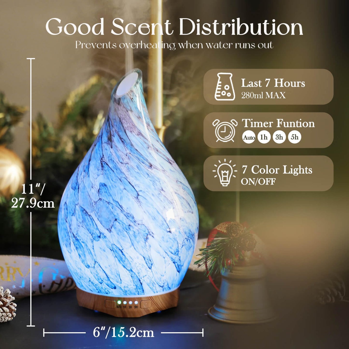 Porseme 280ml Glass Essential Oil Diffuser - Ultrasonic Cool Mist, 7h Run Time, Waterless Auto-Off, Light Blue