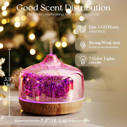 Porseme 500ml Glass Essential Oil Diffuser – 3D Firework Design, Ultrasonic Humidifier, Auto Shut-Off, BPA Free