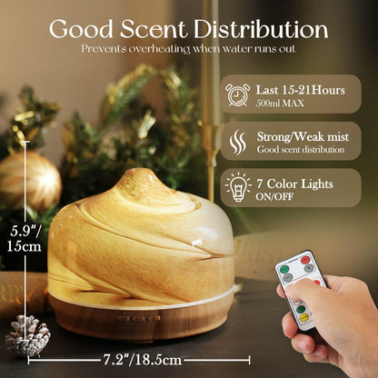 Porseme 500ml Essential Oil Diffuser | Aroma Ultrasonic Humidifier with Remote, BPA Free, Auto Shut-Off, 15-21h for Large Rooms