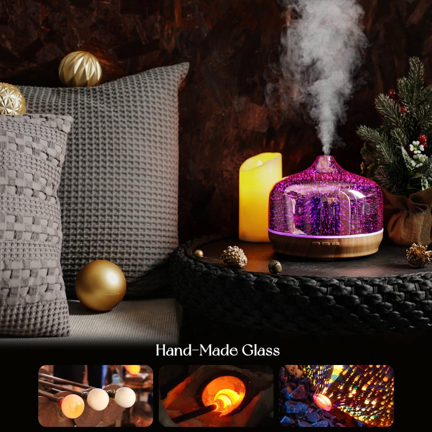 Porseme 500ml Glass Essential Oil Diffuser – 3D Firework Design, Ultrasonic Humidifier, Auto Shut-Off, BPA Free