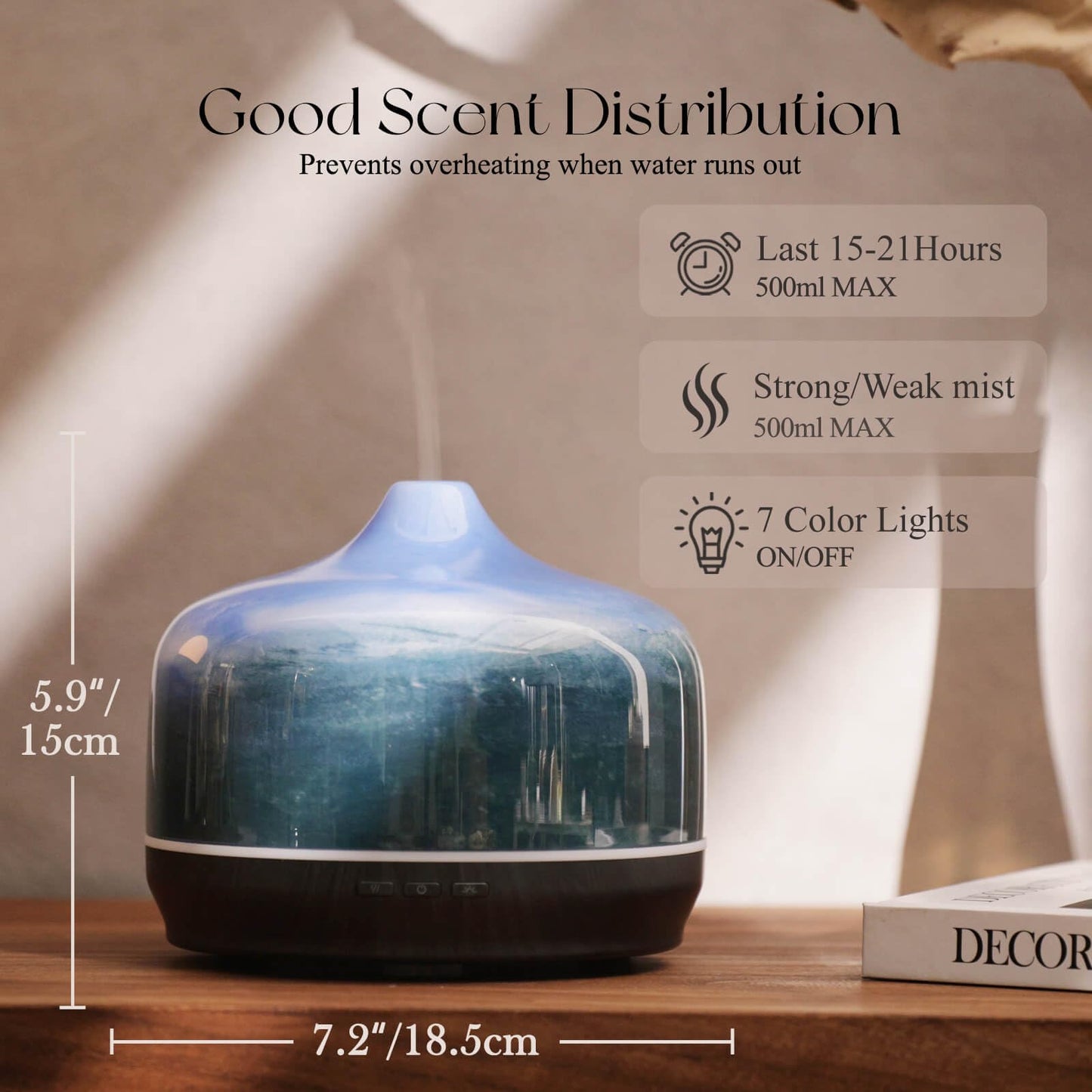 Porseme 500ml Glass Essential Oil Diffuser – Dreamy Blue | Ultrasonic Humidifier 15-21h