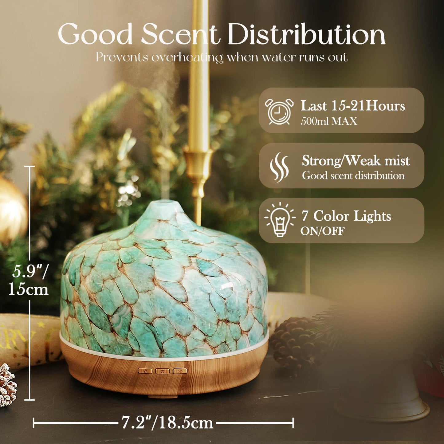 Porseme 500ml Glass Essential Oil Diffuser - Ultrasonic Cool Mist, Waterless Auto-Off, 15-21h Run Time (Light Blue)