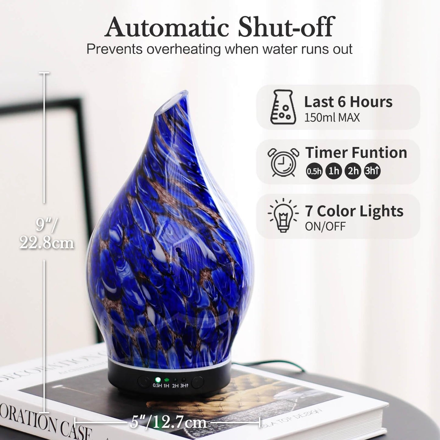 Porseme 150ml Glass Essential Oil Diffuser – Deep Blue Color Changing Humidifier