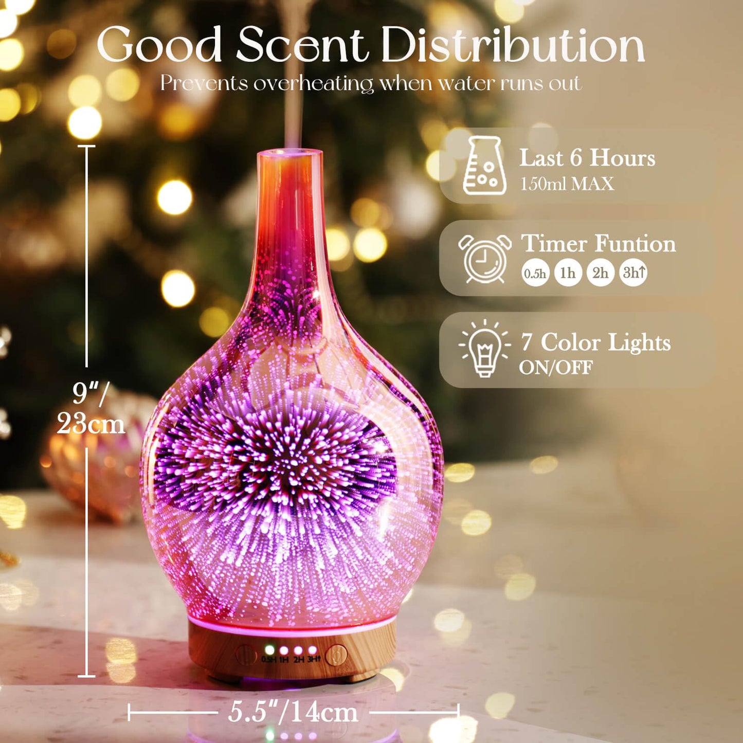 Porseme Rose Gold 150ml Glass Essential Oil Diffuser - 3D Firework Cover, Waterless Auto-Off