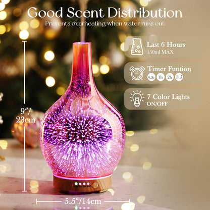 Porseme Rose Gold 150ml Glass Essential Oil Diffuser - 3D Firework Cover, Waterless Auto-Off