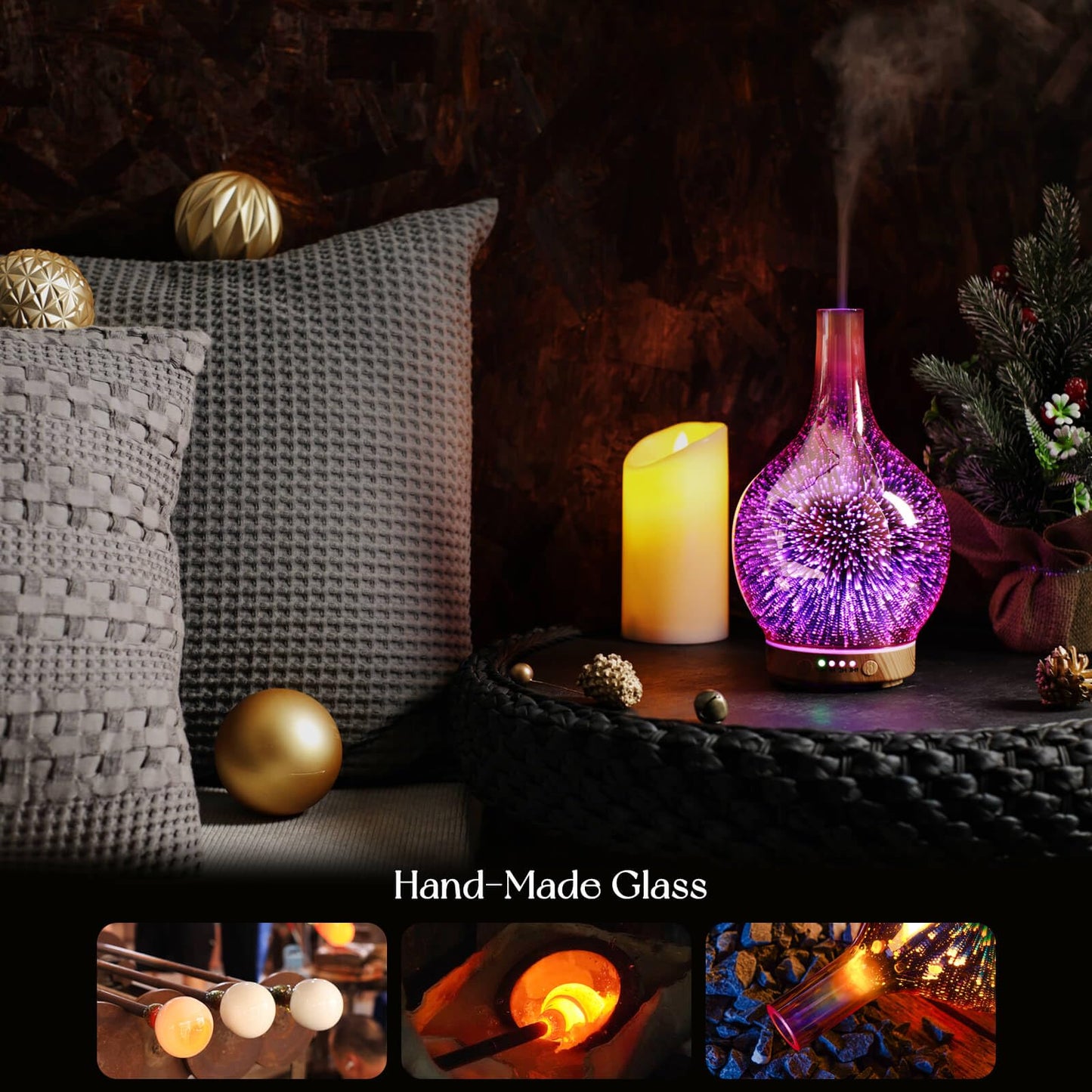 Porseme Rose Gold 150ml Glass Essential Oil Diffuser - 3D Firework Cover, Waterless Auto-Off