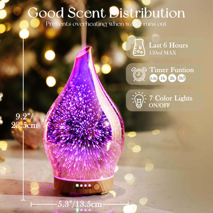 Porseme 150ml Essential Oil Diffuser – 3D Firework Glass, Rose Gold, Auto Shut-Off