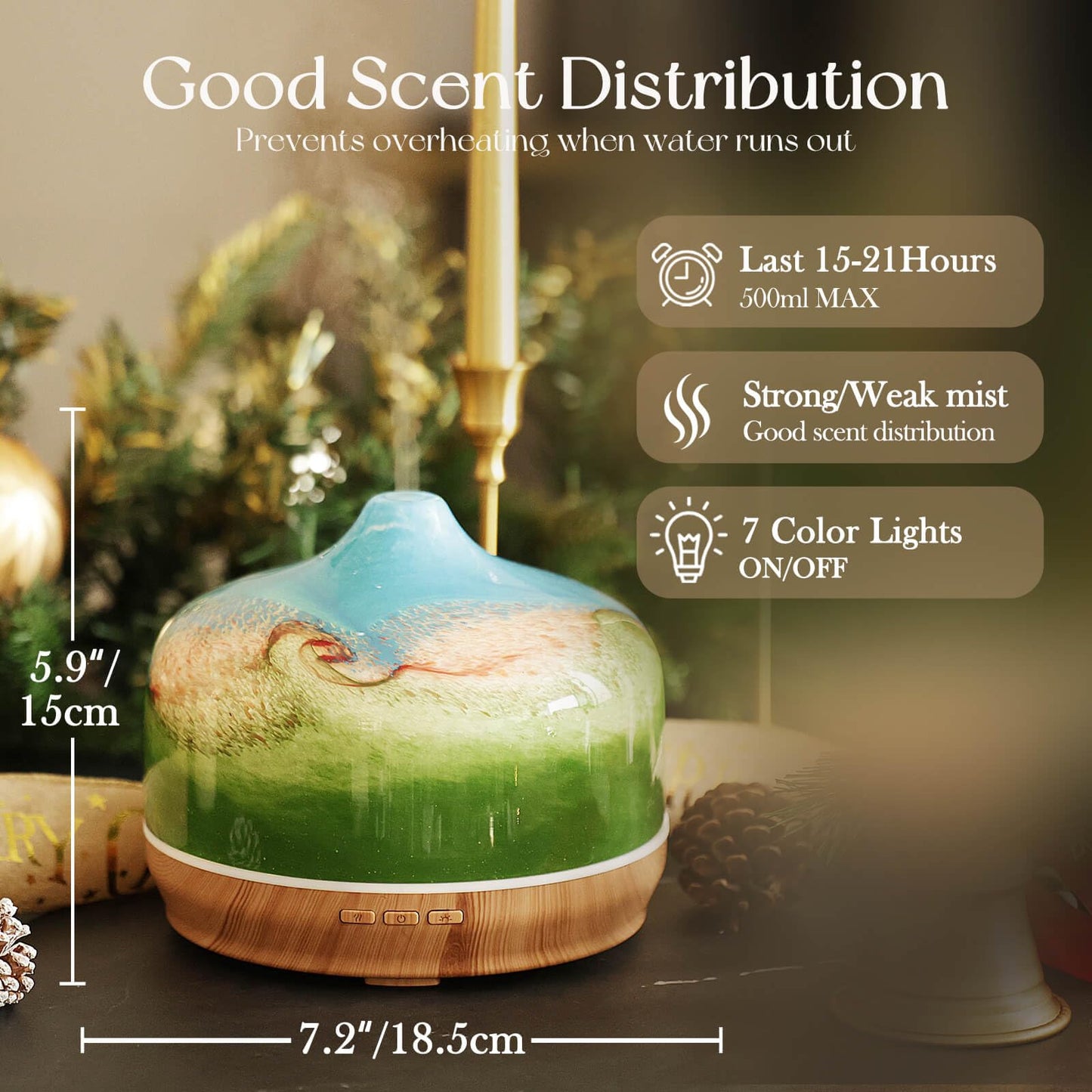 Porseme 500ml Glass Essential Oil Diffuser – Ultrasonic Cool Mist, Auto-Off, 15-21h (Blue Grass)