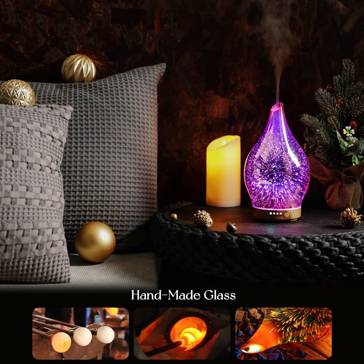 Porseme 150ml Essential Oil Diffuser – 3D Firework Glass, Rose Gold, Auto Shut-Off