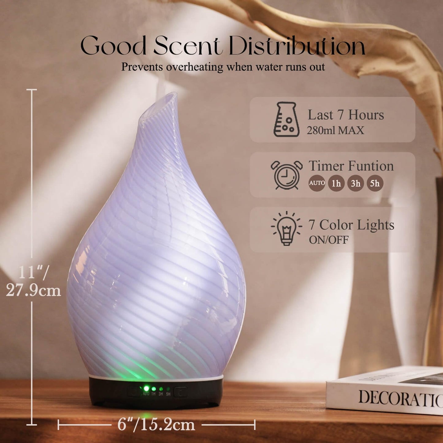 Porseme 280ml Glass Diffuser – Color Changing LED, Auto-Off | Ultrasonic Aroma Humidifier