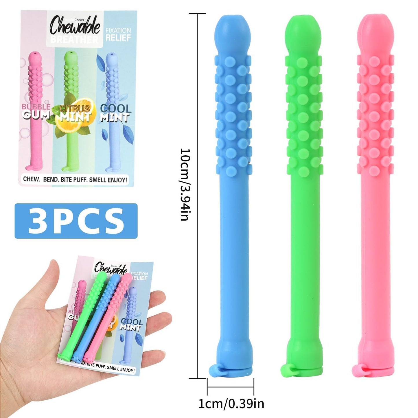3-Pack Chewable Breath Refresher Sticks - Fresh Breath, Focus & On-The-Go