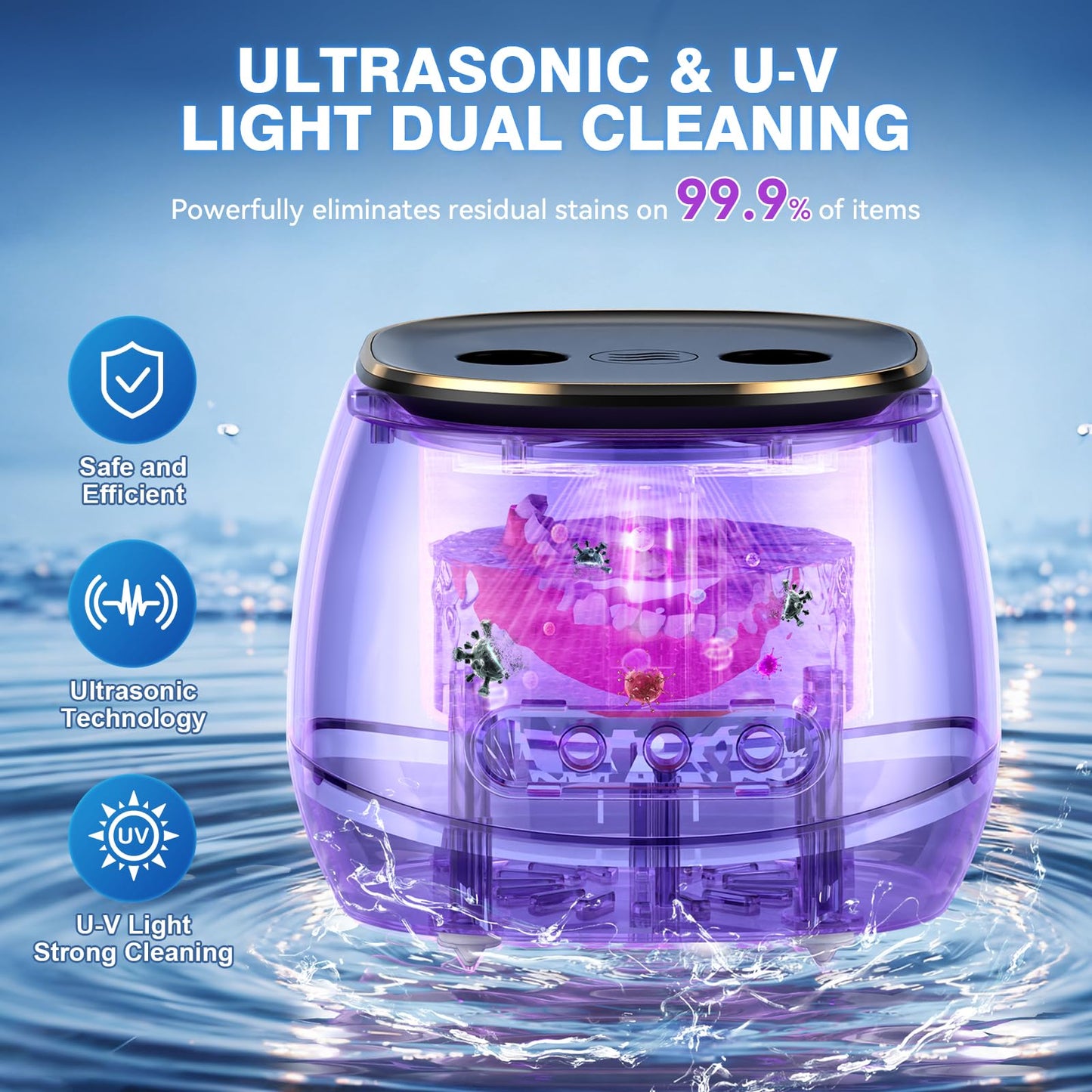Rechargeable Ultrasonic Retainer Cleaner - 45kHz, Portable 200ml, 3 Modes