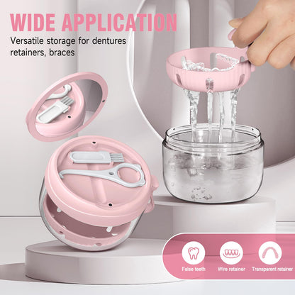 Leak-Proof Denture Bath Box Kit | Portable Travel Retainer Case with Mirror, Brush & Strainer