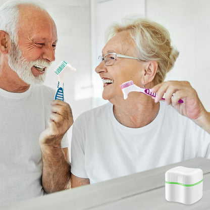 Denture Cleaner Box & Brush Set – 2 Pack Bath Case with Basket + 2 Denture Brushes (Green & Dark Blue)