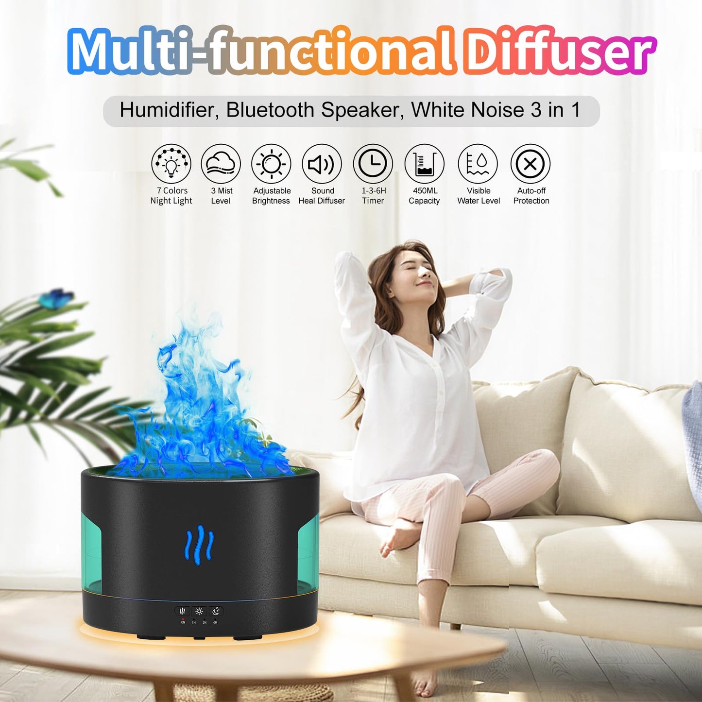 POSVIU 450ml Oil Diffuser with Bluetooth Speaker – Flame Humidifier for Home