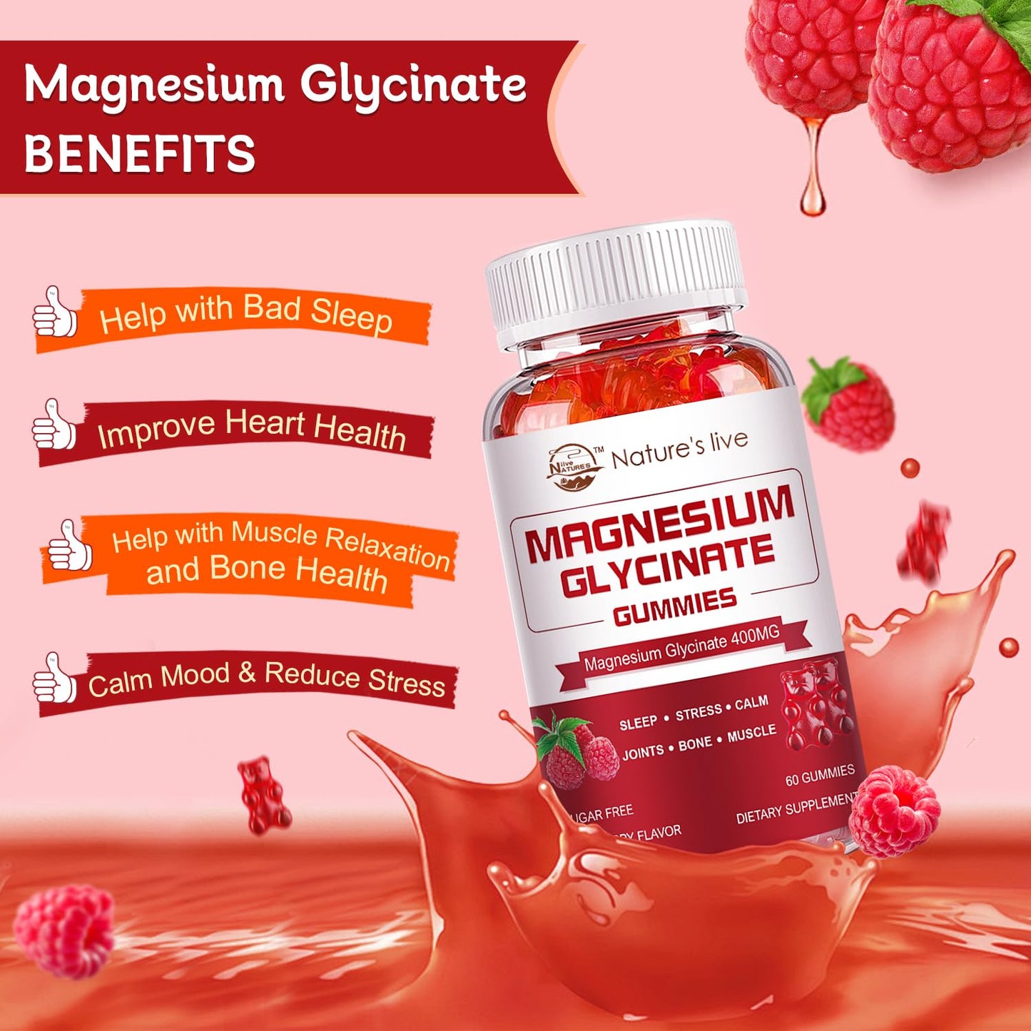 Magnesium Glycinate Gummies 400mg + L-Threonate 200mg – Potassium Magnesium Calm Mood & Sleep Gummies, 2 Pack, Raspberry