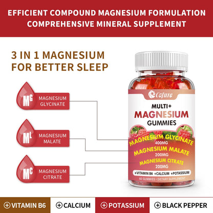 Triple Magnesium Complex Gummies 900 mg – Mg Glycinate, Citrate & Malate with Potassium, Ca & Vitamin B6 | Vegan, Non-GMO, Gluten Free – 60 Gummies