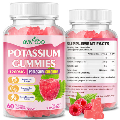 Potassium Chloride Gummies 1200mg - Muscle Health & Leg Cramps Support (60 Count) Raspberry