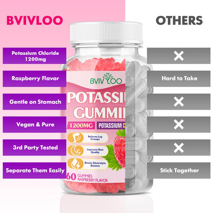 Potassium Chloride Gummies 1200mg - Muscle Health & Leg Cramps Support (60 Count) Raspberry