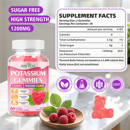 Potassium Chloride Gummies 1200mg - Muscle Health & Leg Cramps Support (60 Count) Raspberry