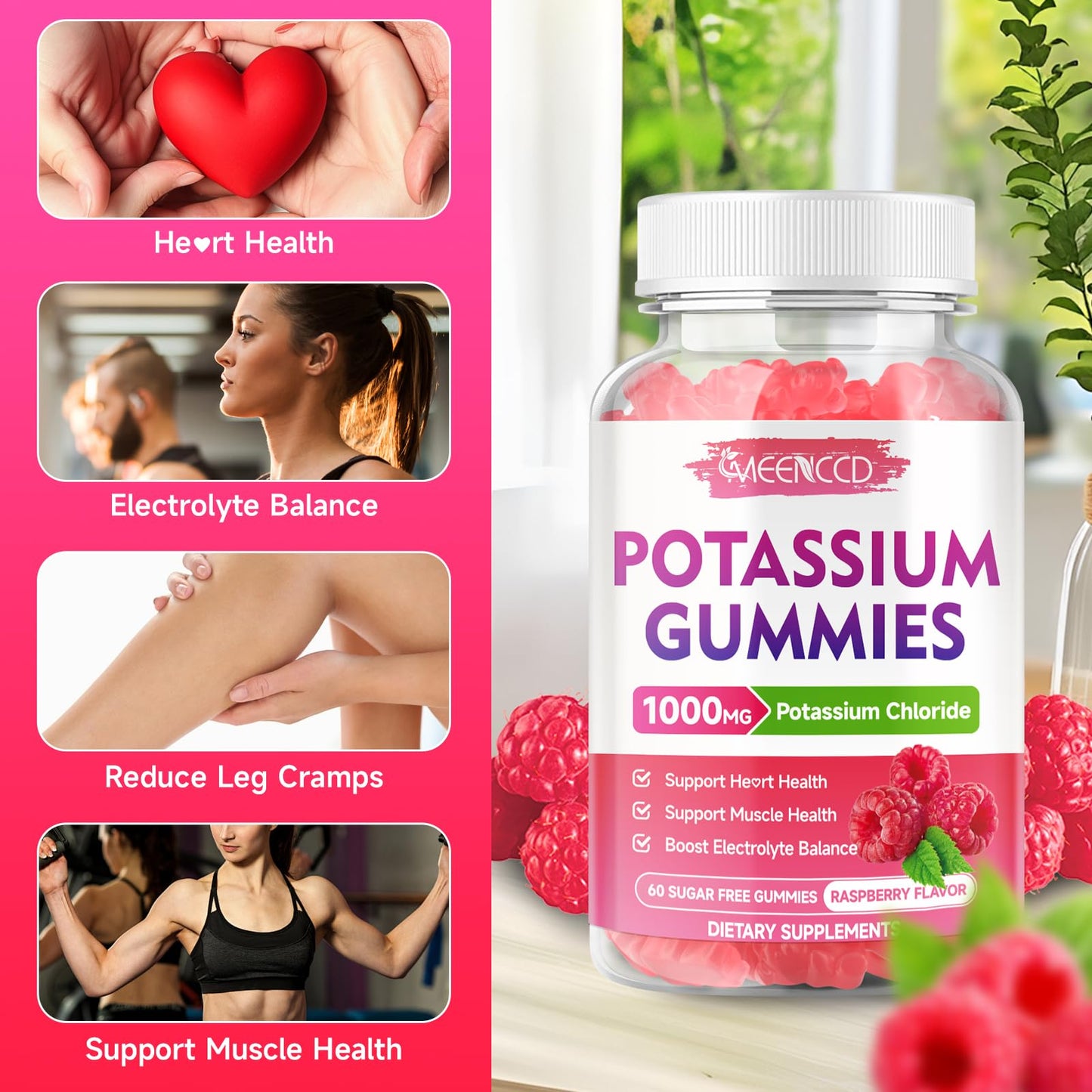 2 Pack Potassium Gummies 1000mg – Sugar-Free Raspberry (120 Count)