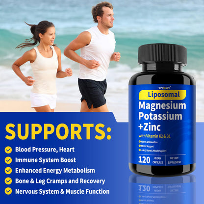Potassium Magnesium Supplement 1600mg Liposomal Magnesium Aspartate + Zinc, K2, B1 – 120 Veg Capsules